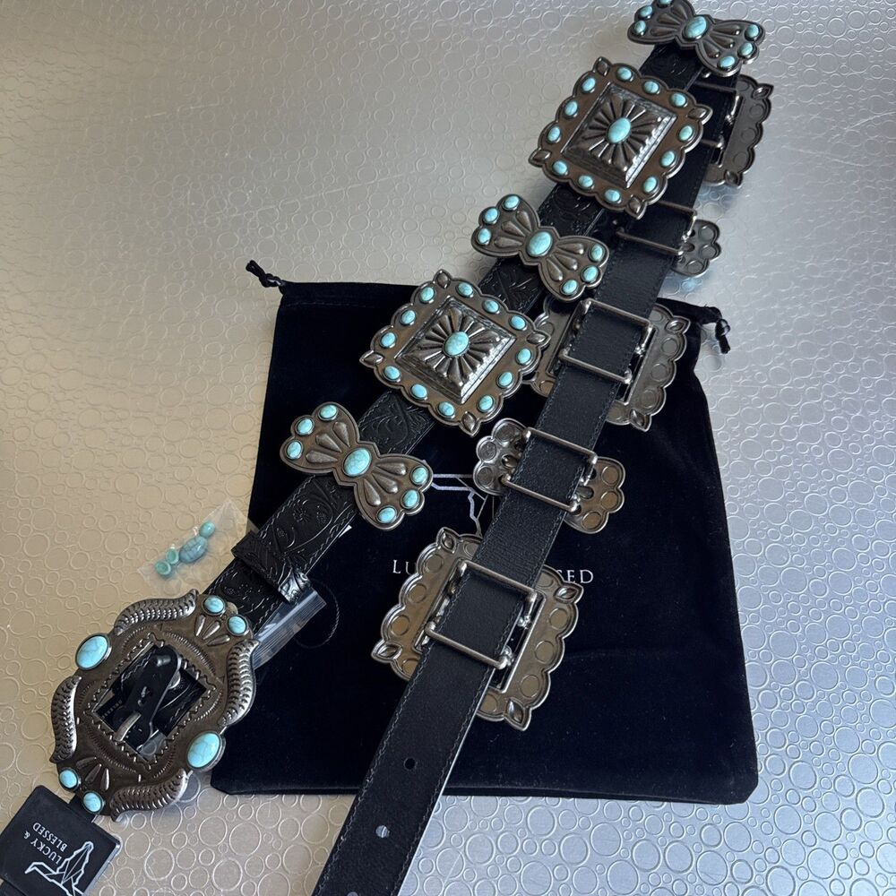 Lucky & Blessed Black Embossed Concho Belt - Size M Runs Bigger Dust Bag New